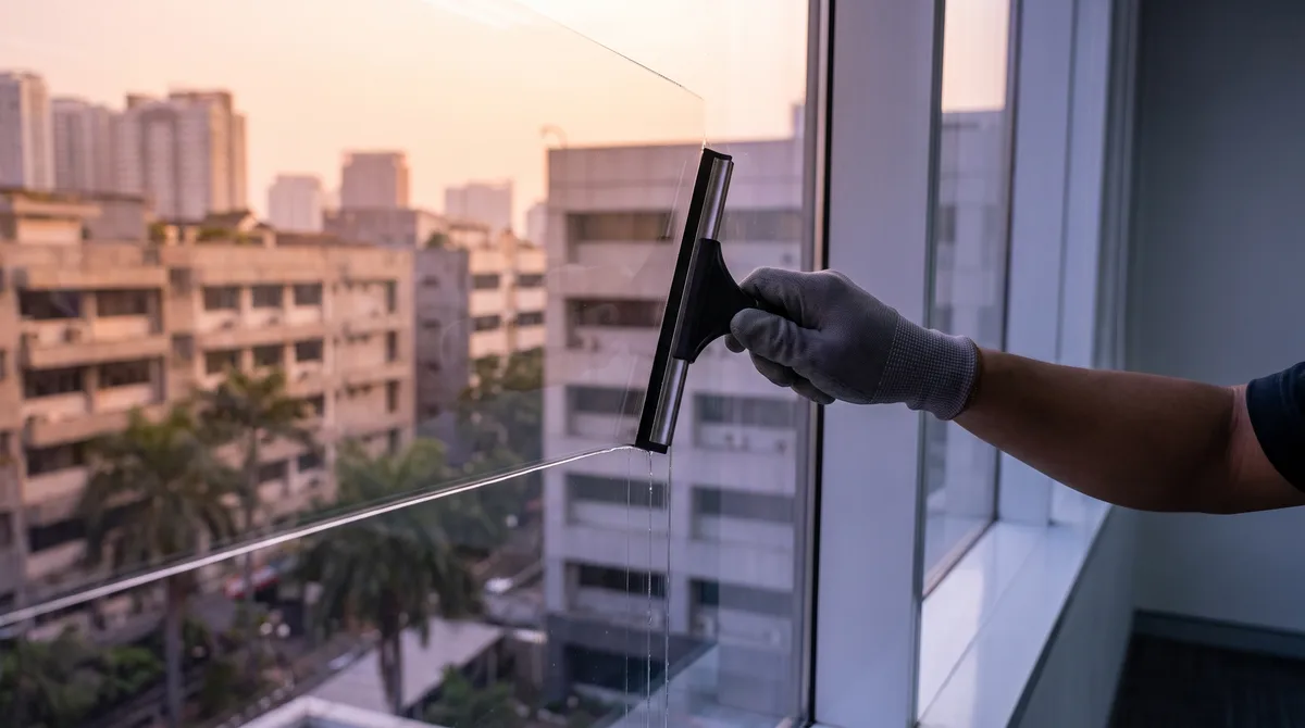 Teknisi memasang kaca film pada sisi dalam kaca gedung dengan alat squeegee