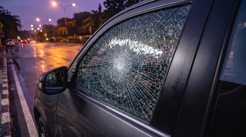 Kaca samping mobil setelah percobaan pembobolan, pecah menjadi ribuan bagian kecil yang tetap menempel pada film sebagai satu lembar, tetap mengisi rangka pintu